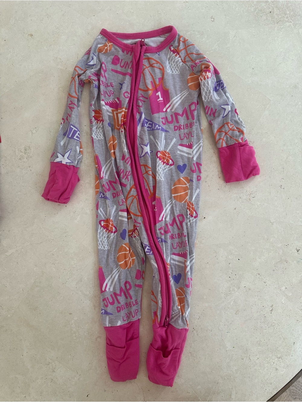 Little sleepies Gray & Pink Basketball Print Zip One-Piece Pajamas